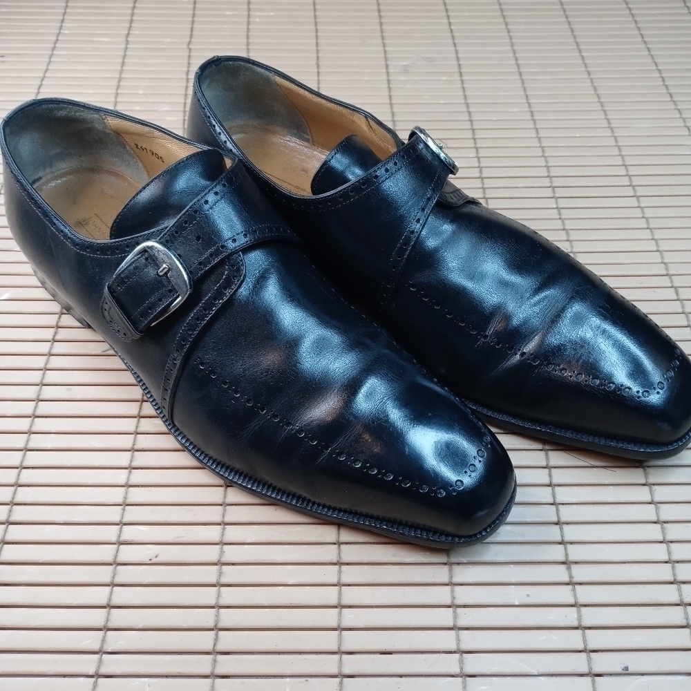 Domani Shoes By Johnston & Murphy Monk Strap Buckle Black Brogue Hand Made Itali